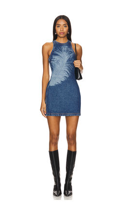 David Koma - Feather Print Denim Mini Dress