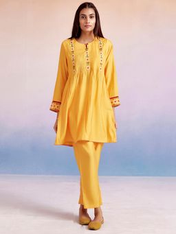Jaipur Kurti - Yellow Mirror Work Embroidered Festive Kurta with Pant (Set of 2)