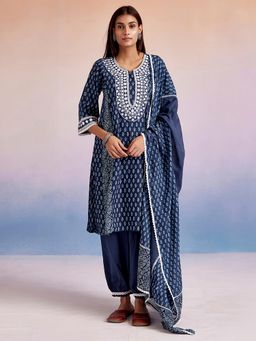 Jaipur Kurti - Indigo Blue Printed Pakistani Kurta with Pant & Dupatta (Set of 3)