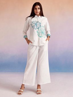 Jaipur Kurti - White Floral Embroidered Cotton Co-Ord (Set of 2)