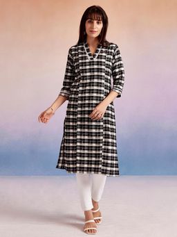 Jaipur Kurti - Black Cotton Blend Checked Straight Kurta
