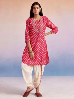 Jaipur Kurti - Pink Embroidered Leheriya Kurta with Dhoti (Set of 2)