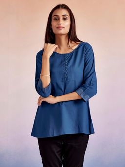 Jaipur Kurti - Blue Solid A-Line Thread Work Tunic