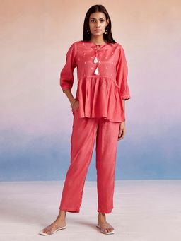 Jaipur Kurti - Coral Embroidered Resham Co-Ord (Set of 2)