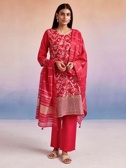 Jaipur Kurti - Red Embroidered Zari Festive Kurta with Pant & Dupatta (Set of 3)