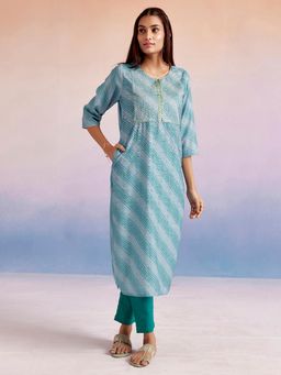 Jaipur Kurti - Blue Embroidered Leheriya Printed Straight Kurta
