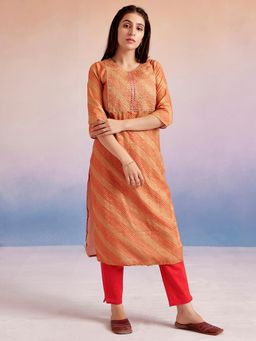 Jaipur Kurti - Orange Embroidered Leheriya Printed Straight Kurta