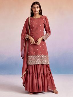 Jaipur Kurti - Mauve Embroidered Straight Kurta with Sharara & Dupatta (Set of 3)