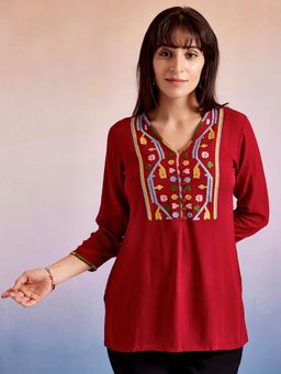 Jaipur Kurti - Red Embroidered Casual Tunic