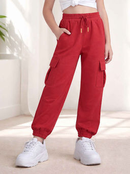 Purple United Kids - Girls Trousers in Maroon with Cargo Pockets & Drawcord Waist