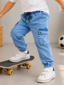 Purple United Kids - Boys Denim Joggers in Blue with Cargo Style & Comfort Fit