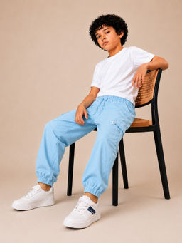 Purple United Kids - Boys Trousers in Light Blue with Cargo Pockets & Jogger Fit