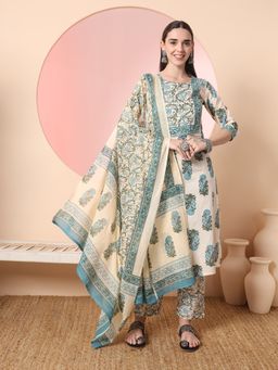 Yufta - Cream Floral Printed Kurta with Pant and Dupatta (Set of 3)