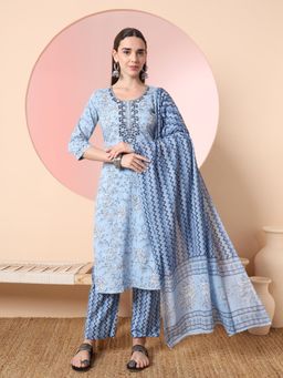Yufta - Blue Floral Embroidered Kurta with Pant and Dupatta (Set of 3)
