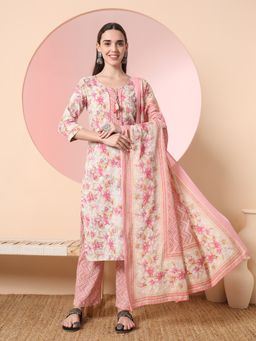 Yufta - Peach Floral Printed Kurta with Pant and Dupatta (Set of 3)