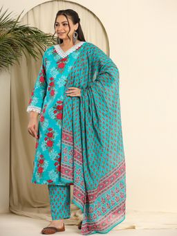 Yufta - Blue Floral Lace Work Plus Size Kurta with Pant and Dupatta (Set of 3)