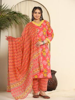 Yufta - Pink Floral Lace Work Plus Size Kurta with Pant and Dupatta (Set of 3)