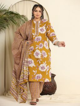 Yufta - Mustard Floral Printed Plus Size Kurta with Pant and Dupatta (Set of 3)