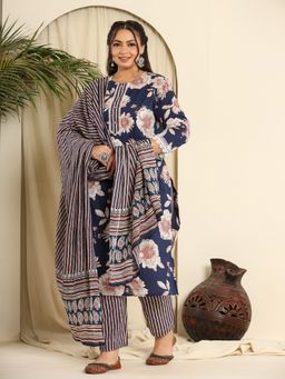 Yufta - Navy Blue Floral Printed Plus Size Kurta with Pant and Dupatta (Set of 3)