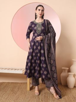 Yufta - Purple Printed Embroidered Anarkali Kurta with Pant and Dupatta (Set of 3)