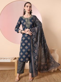 Yufta - Navy Blue Printed Embroidered Kurta with Pant and Dupatta (Set of 3)