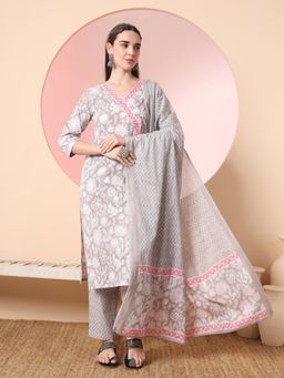 Yufta - Grey Floral Printed Angrakha Kurta with Pant and Dupatta (Set of 3)
