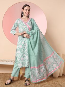 Yufta - Sea Green Floral Printed Angrakha Kurta with Pant and Dupatta (Set of 3)