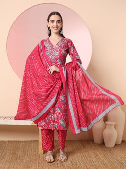 Yufta - Pink Floral Printed Embroidered Kurta with Pant and Dupatta (Set of 3)