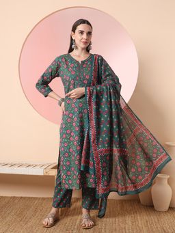 Yufta - Bottle Green Floral Printed Kurta with Pant and Dupatta (Set of 3)
