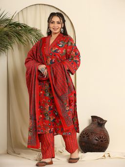 Yufta - Red Floral Sequined Plus Size Kurta with Pant and Dupatta (Set of 3)