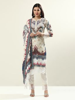 Jaipur Kurti - White Embroidered Silk Blend Floral Kurta with Pant and Dupatta (Set of 3)