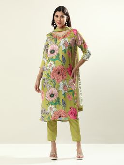 Jaipur Kurti - Parrot Green Satin Floral Printed Kurta with Pant and Dupatta (Set of 3)