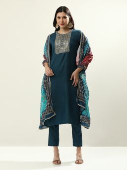 Jaipur Kurti - Teal Cotton Blend Embroidered Kurta with Pant and Dupatta (Set of 3)