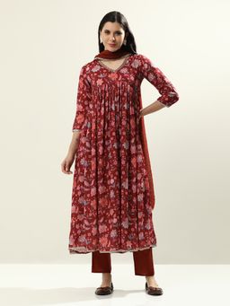 Jaipur Kurti - Red Art Silk Floral Printed Flared Kurta with Pant and Dupatta (Set of 3)
