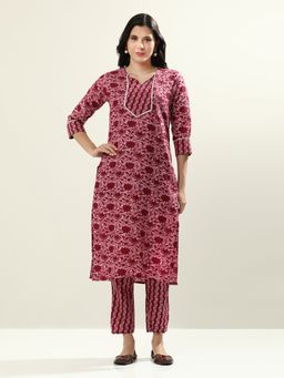 Jaipur Kurti - Maroon Floral Printed Cotton Blend Kurta with Pant (Set of 2)