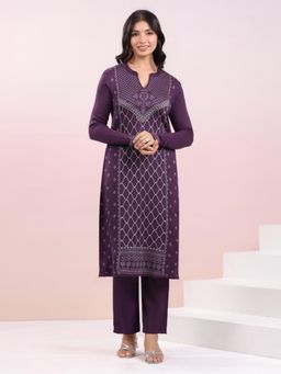 Janasya - Purple Woolen Printed Woven Straight Kurta with Pant (Set of 2)