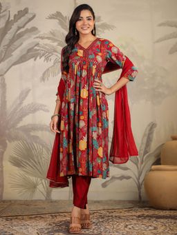 Janasya - Maroon Floral Printed A-Line Kurta with Pant and Dupatta (Set of 3)
