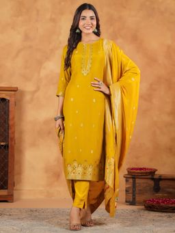 Janasya - Mustard Silk Blend Floral Straight Kurta with Pant and Dupatta (Set of 3)