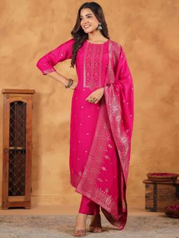 Janasya - Pink Floral Woven Straight Kurta with Pant and Dupatta (Set of 3)