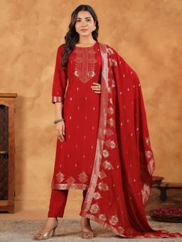Janasya - Red Silk Blend Woven Straight Kurta with Pant and Dupatta (Set of 3)