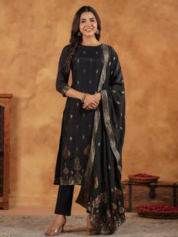 Janasya - Black Silk Blend Floral Woven Straight Kurta with Pant and Dupatta (Set of 3)