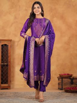 Janasya - Purple Silk Blend Floral Woven Straight Kurta with Pant and Dupatta (Set of 3)