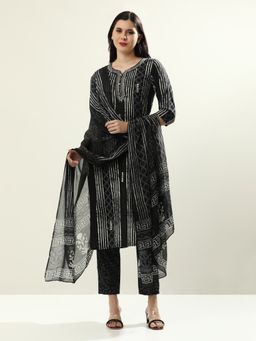 Jaipur Kurti - Black Stripes Embroidered Cotton Kurta with Pant and Dupatta (Set of 3)