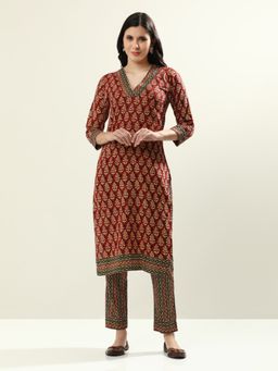 Jaipur Kurti - Red Floral Printed Cotton Kurta with Pant (Set of 2)