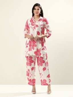 Jaipur Kurti - White and Pink Floral Printed Pure Cotton Kurti with Palazzo (Set of 2)