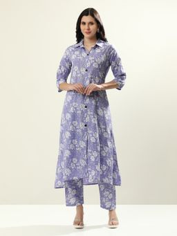 Jaipur Kurti - Lavender Floral Printed Cotton Kurta with Pant (Set of 2)