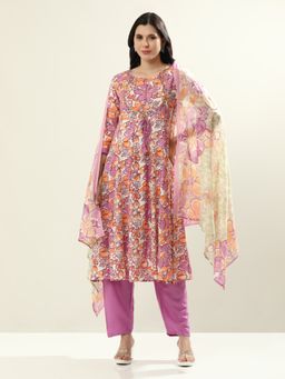 Jaipur Kurti - Purple Cotton Floral Flared Kurta with Pant and Dupatta (Set of 3)