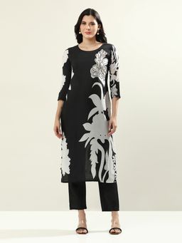 Jaipur Kurti - Black Floral Printed Silk Blend Kurta with Pant (Set of 2)