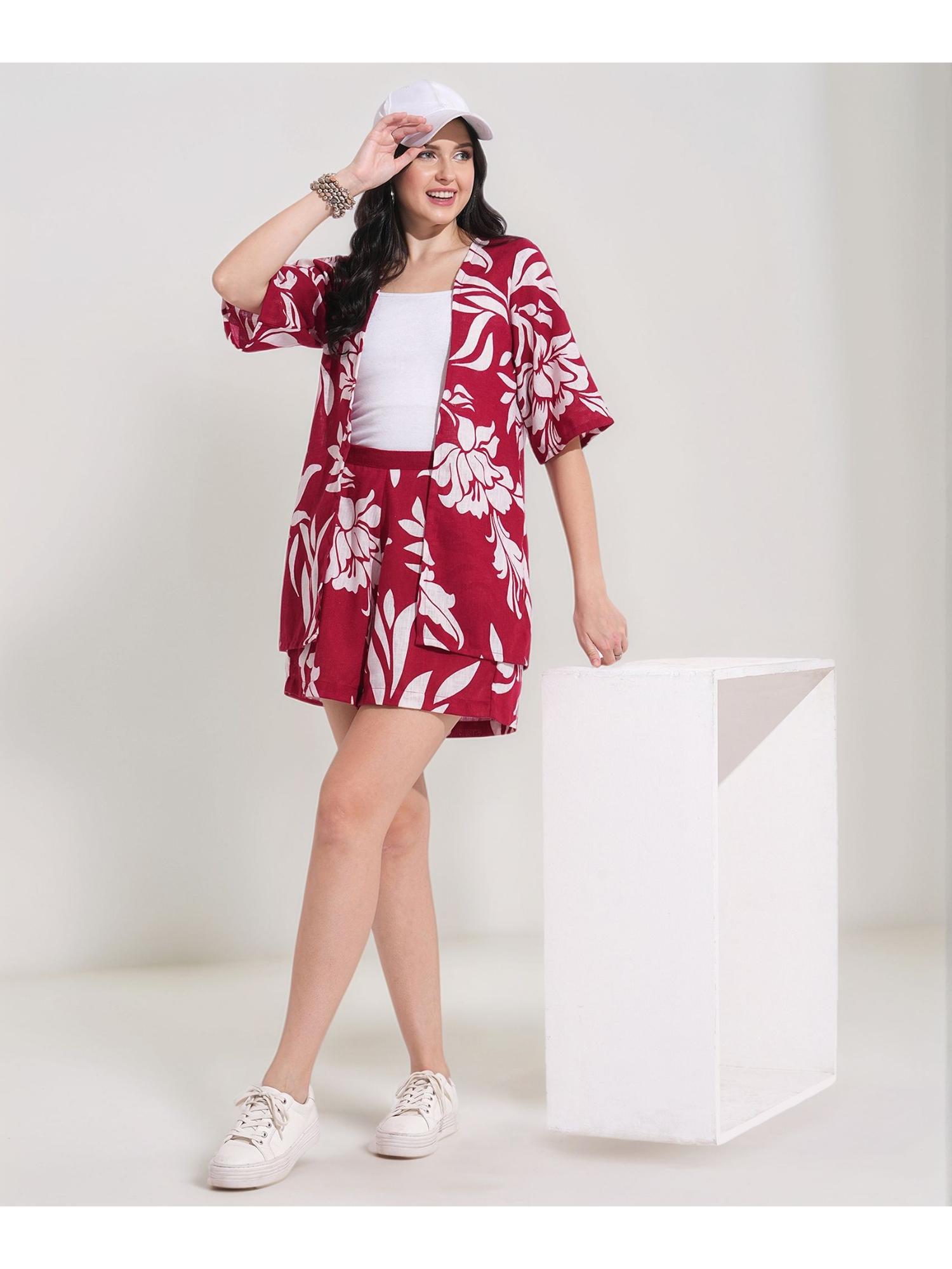 Womens Maroon & White Floral Printed Linen Co-Ord Set-picture-31