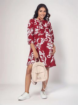 Twenty Dresses by Nykaa Fashion - Womens Maroon & White Floral Printed Dress With Neck Tie-Up